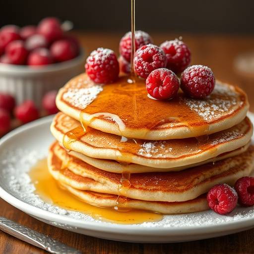 Panquecas com frutos vermelhos, mel e aäücar em pó