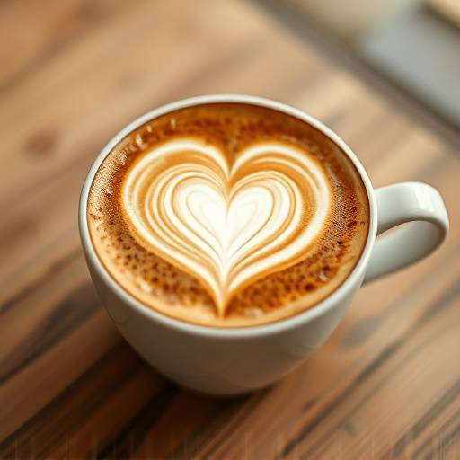 Um copo de café latte com latte art em forma de coraäão