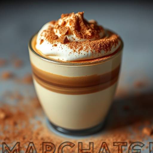 Um copo de café macchiato com camadas distintas de café e leite, polvilhado com cacau