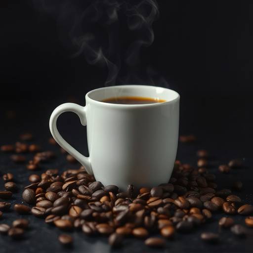 Uma chávena de café fumegante, com grãos de café espalhados à volta numa mesa escura.
