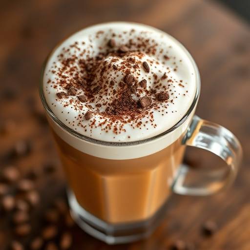 Uma chávena de cappuccino com espuma rica polvilhada com chocolate