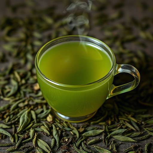 Uma chávena de chá verde fumegante, com folhas de chá à volta