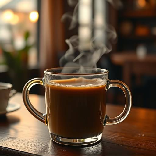 Uma chávena grande de café americano, com vapor a sair, num ambiente acolhedor
