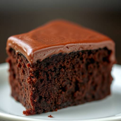Uma fatia de bolo de chocolate hümido com cobertura de chocolate