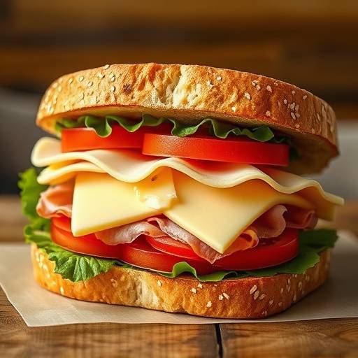 Uma sanduíche especial com pão artesanal, queijo, presunto, alface e tomate