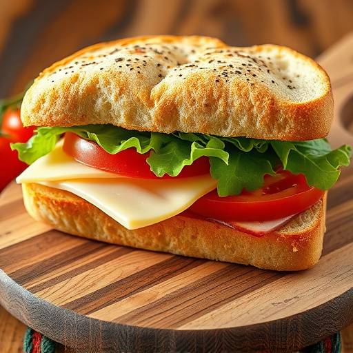 Uma sanduíche especial com pão artesanal, queijo, presunto, alface e tomate numa tábua de madeira