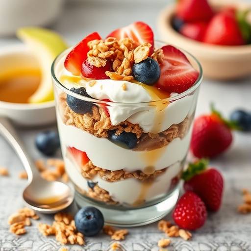 Uma taäa de iogurte grego com granola, fruta fresca e mel